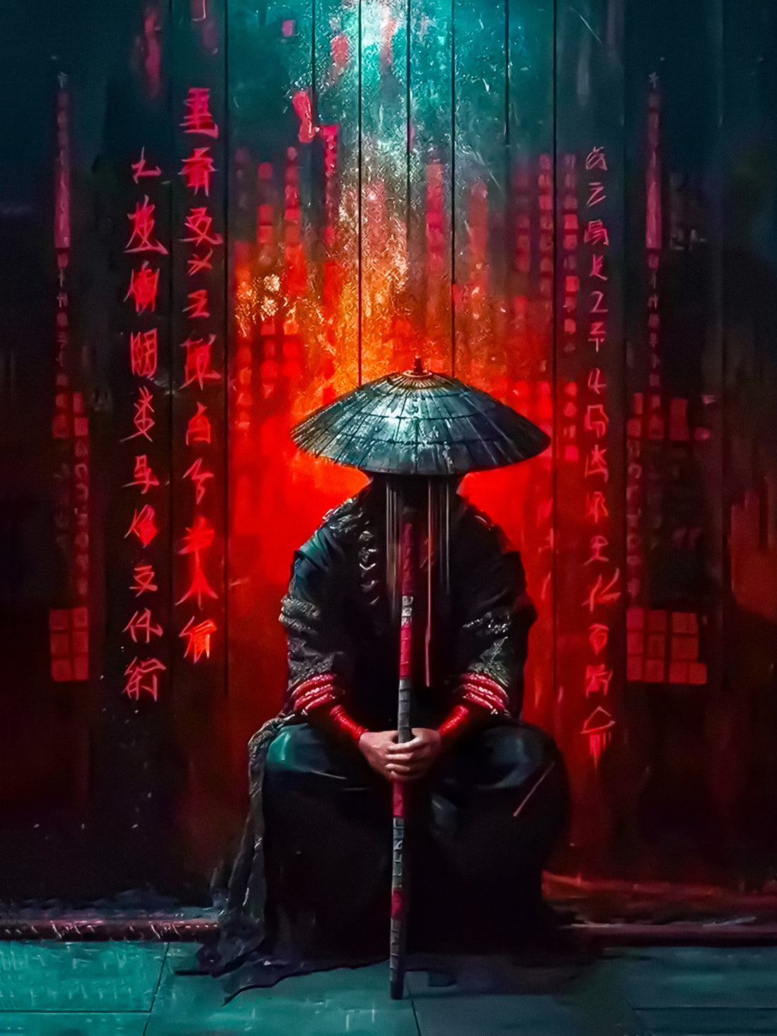 Poster Samouraï - Silhouette silencieuse dans l'ombre rouge