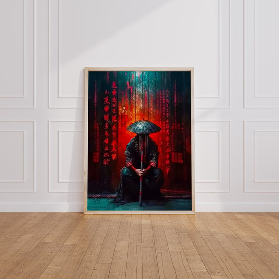 Poster Samouraï - Silhouette silencieuse dans l'ombre rouge — Vierge - living-room