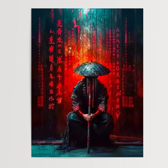 Poster Samouraï - Silhouette silencieuse dans l'ombre rouge — Vierge - poster-presentation-produit