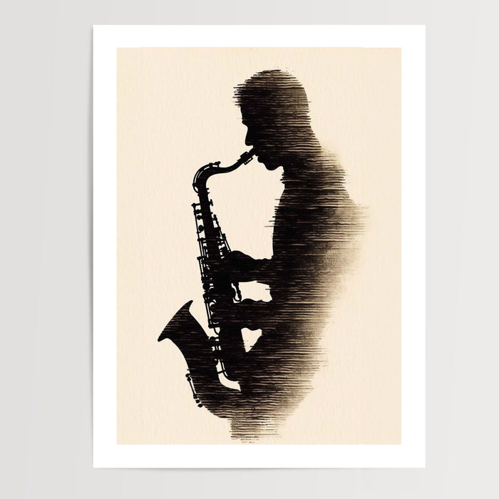 Poster Saxophoniste - Silhouette musicale au souffle libre — Vierge - poster-presentation-produit — passe-partout blanc