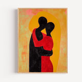 Poster Silhouette d'amoureux - Étreinte tendre en rouge et noir