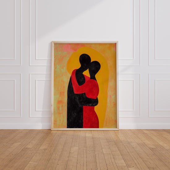 Poster Silhouette d'amoureux - Étreinte tendre en rouge et noir — Vierge - living-room