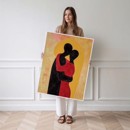 Poster Silhouette d'amoureux - Étreinte tendre en rouge et noir — Vierge - poster-femme-debout