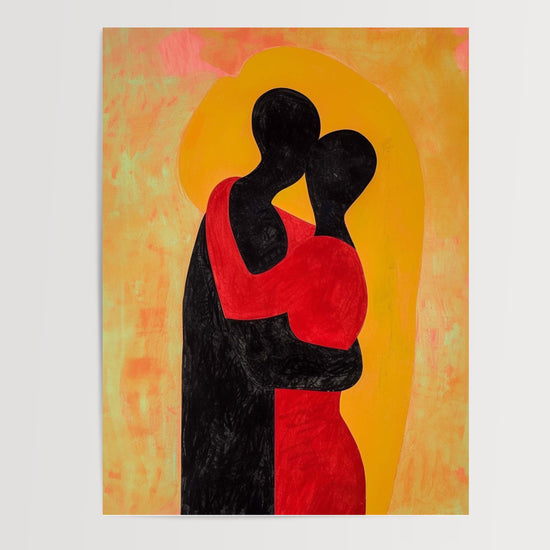 Poster Silhouette d'amoureux - Étreinte tendre en rouge et noir — Vierge - poster-presentation-produit