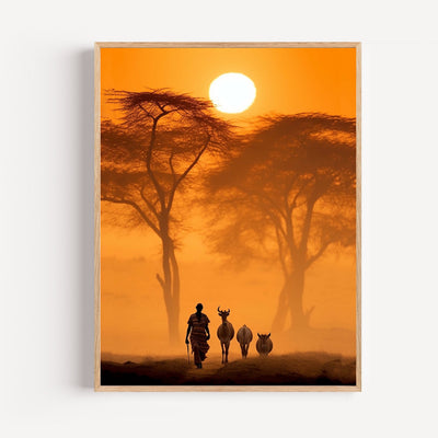 Poster Soleil africain - Un berger rentre sous un ciel doré