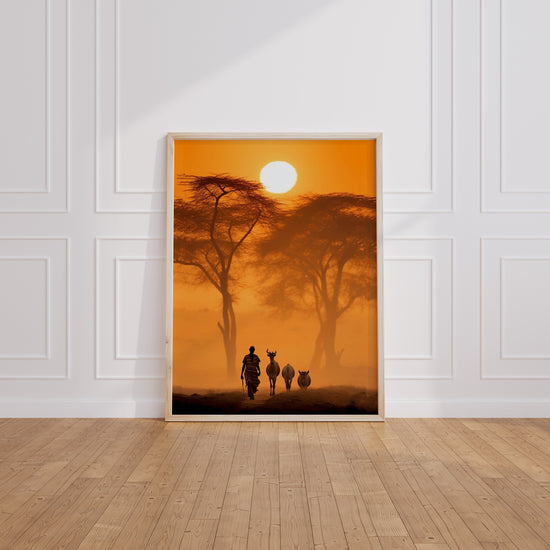 Poster Soleil africain - Un berger rentre sous un ciel doré — Vierge - living-room