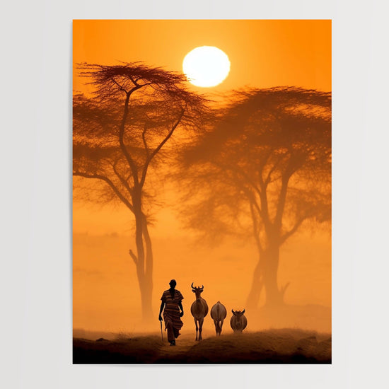 Poster Soleil africain - Un berger rentre sous un ciel doré — Vierge - poster-presentation-produit