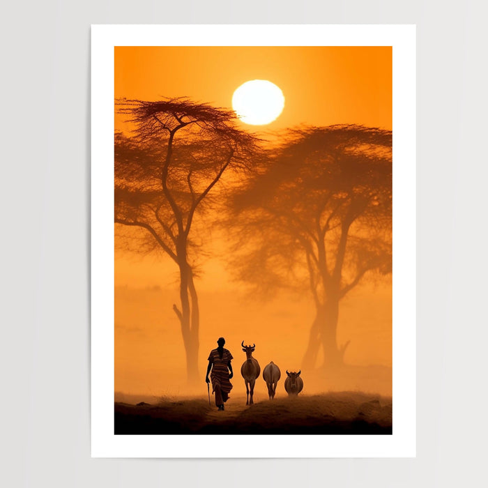 Poster Soleil africain - Un berger rentre sous un ciel doré — Vierge - poster-presentation-produit — passe-partout blanc