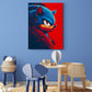 Tableau Sonic, chambre enfant garçon, petite table et chaises, mur bleu, jouets.