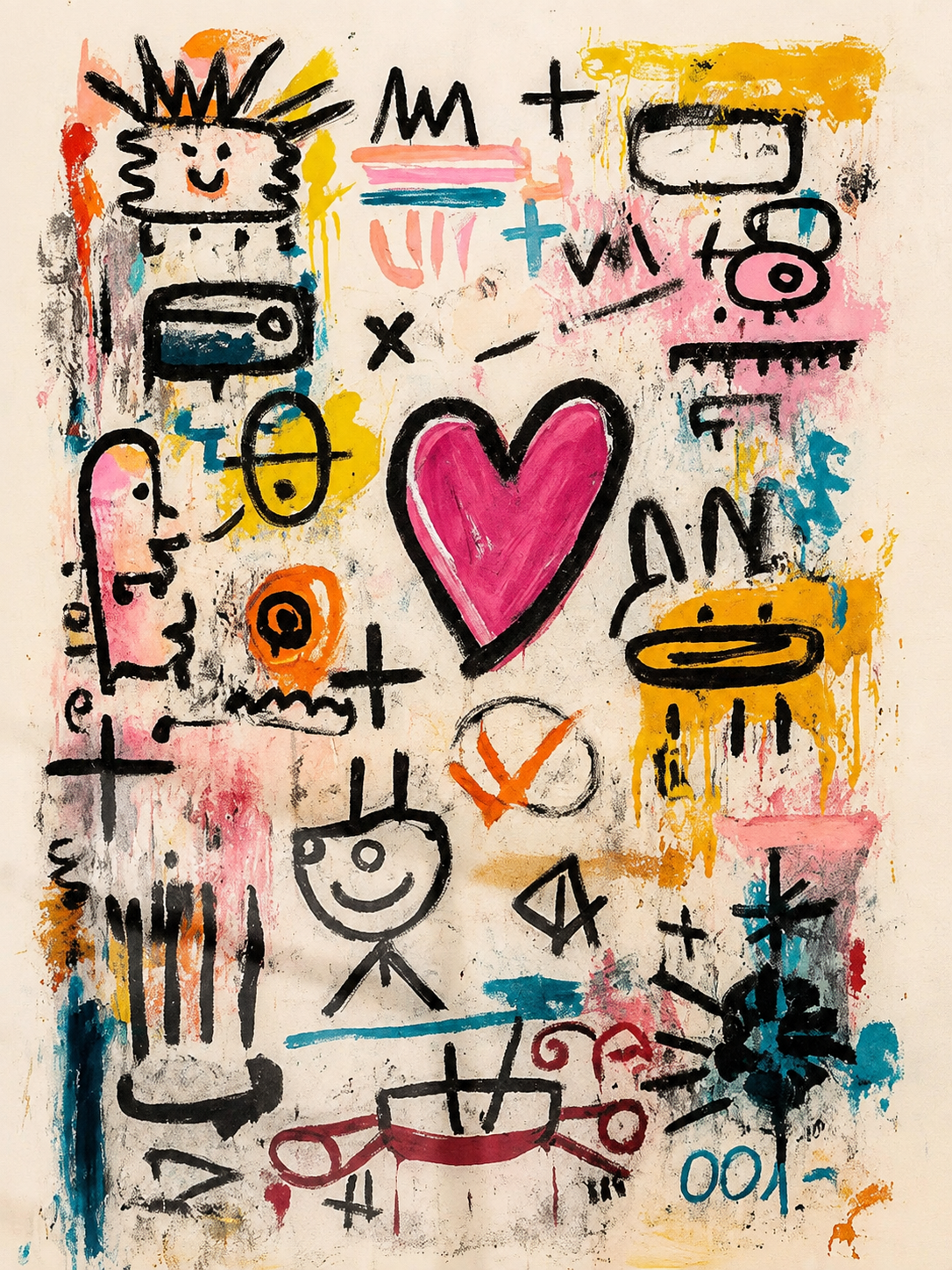 Poster street art spontané - Cœur rose et vibrations Basquiat