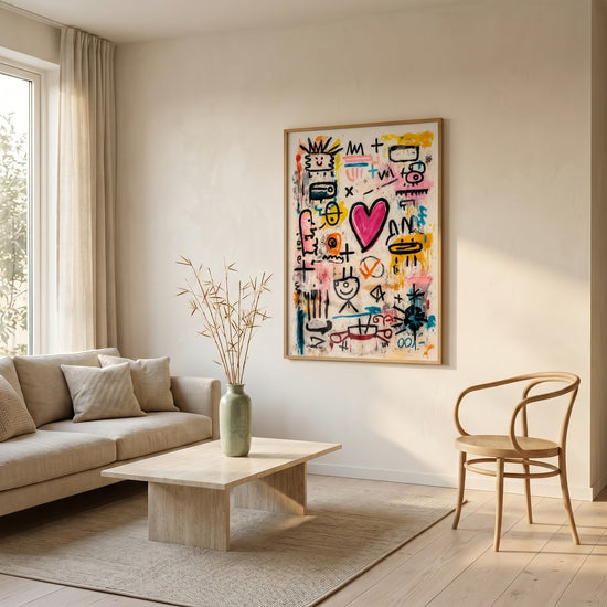 Poster street art spontané - Cœur rose et vibrations Basquiat — Décor sur-mesure (IA)