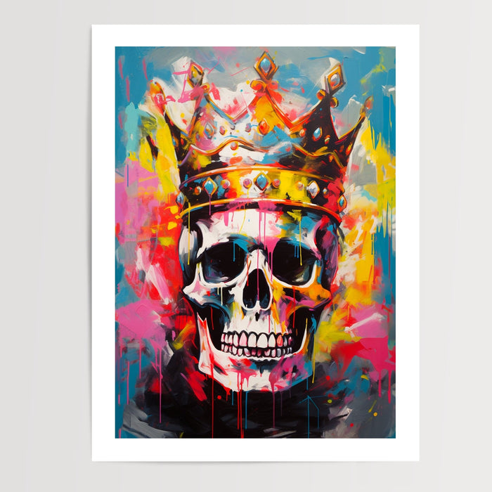 Poster Tête de mort couronnée - Street art royal et couleurs électriques — Vierge - poster-presentation-produit — passe-partout blanc