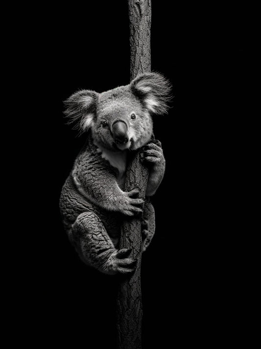 un koala en noir et blanc, agrippé à un tronc d'arbre, avec un regard doux et curieux vers l'observateur. Le fond est entièrement noir, ce qui met en exergue la silhouette et les détails du koala.