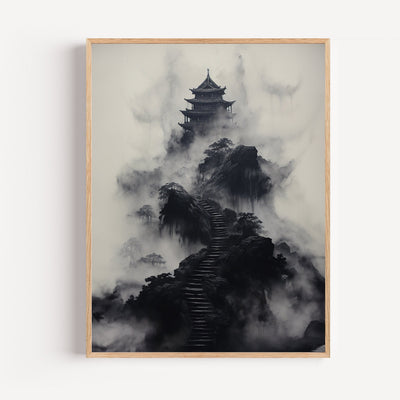 Poster Asiatischer Tempel – Zen-Nebel in chinesischer Tusche