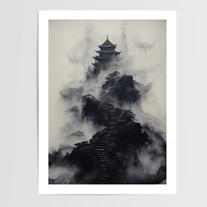 Poster Temple asiatique - Brumes zen à l'encre de Chine — Vierge - poster-presentation-produit — passe-partout blanc