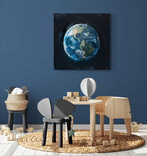 children's room with a small table and wooden chair, beige rug, wooden toys, dark blue wall, earth-themed art print