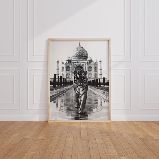Poster Tigre au Taj Mahal - Majesté sauvage en noir et blanc — Vierge - living-room