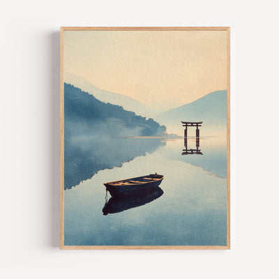 Japanisches Torii Poster – Einsames Boot auf nebligem See