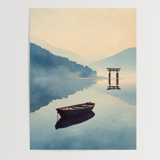Poster Torii japonais - Barque solitaire sur un lac brumeux — Vierge - poster-presentation-produit