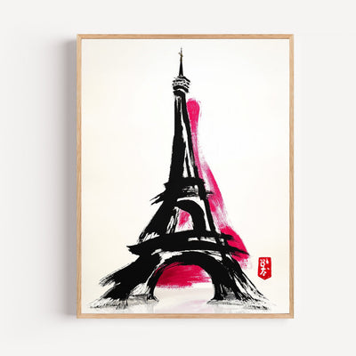 Póster Torre Eiffel - Tinta negra y destello fucsia sobre París