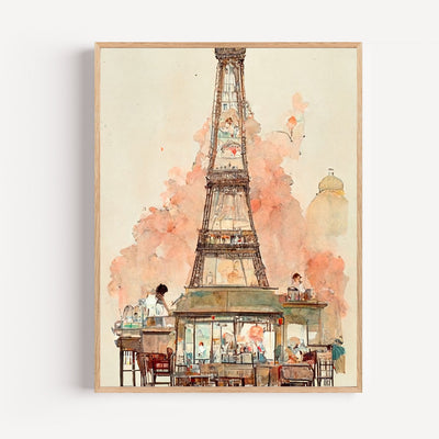 Eiffelturm Poster – Pariser Caféterrasse in Pastell-Aquarell