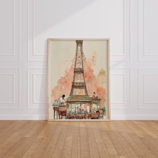 Poster Tour Eiffel - Terrasse de café parisien aux teintes pastel — Vierge - living-room
