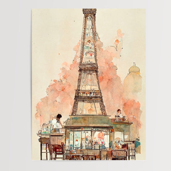 Poster Tour Eiffel - Terrasse de café parisien aux teintes pastel — Vierge - poster-presentation-produit
