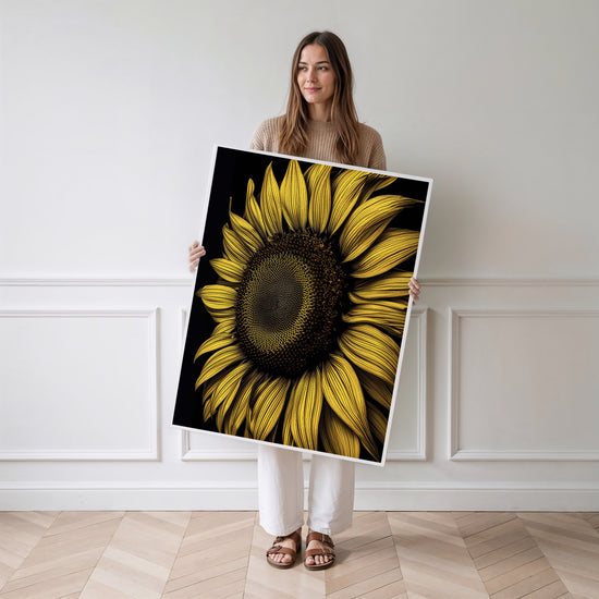 Poster Tournesol Op Art - Un soleil géométrique qui vibre — Vierge - poster-femme-debout