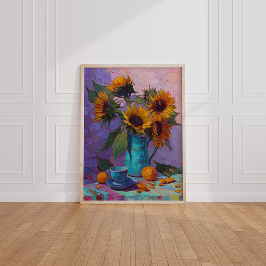Poster Tournesols - Bouquet doré dans son pichet bleu — Vierge - living-room