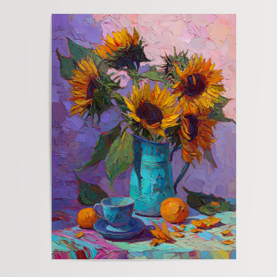 Poster Tournesols - Bouquet doré dans son pichet bleu — Vierge - poster-presentation-produit