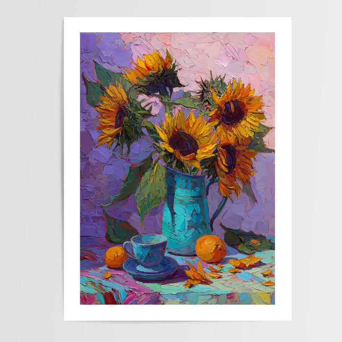 Poster Tournesols - Bouquet doré dans son pichet bleu — Vierge - poster-presentation-produit — passe-partout blanc