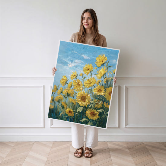 Poster Tournesols - Champ ensoleillé aux accents impressionnistes — Vierge - poster-femme-debout