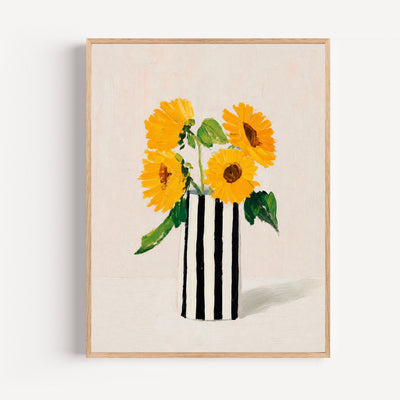 Poster Tournesols éclatants - Vase rayé et lumière d'été