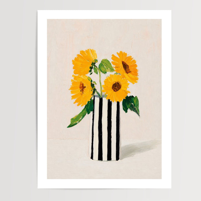 Poster Tournesols éclatants - Vase rayé et lumière d'été — Vierge - poster-presentation-produit — passe-partout blanc