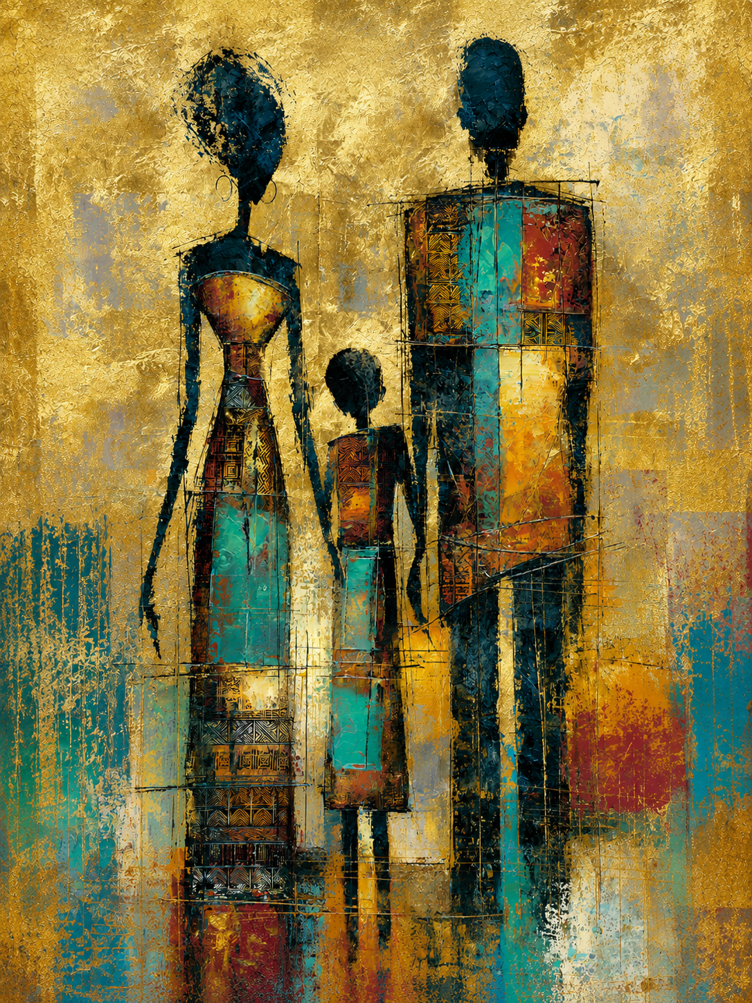 Poster Trois silhouettes - Présence ancestrale aux teintes d'ocre et turquoise