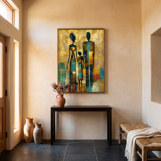 Poster Trois silhouettes - Présence ancestrale aux teintes d'ocre et turquoise — Décor sur-mesure (IA)