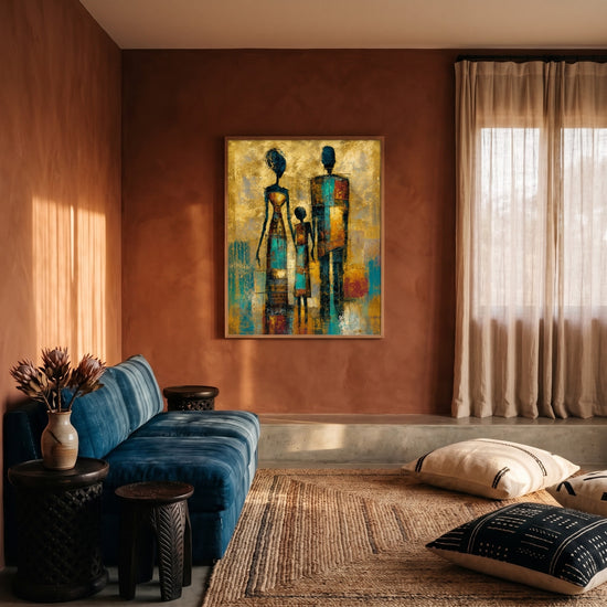 Poster Trois silhouettes - Présence ancestrale aux teintes d'ocre et turquoise — Décor sur-mesure (IA)