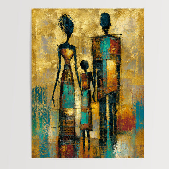 Poster Trois silhouettes - Présence ancestrale aux teintes d'ocre et turquoise — Vierge - poster-presentation-produit