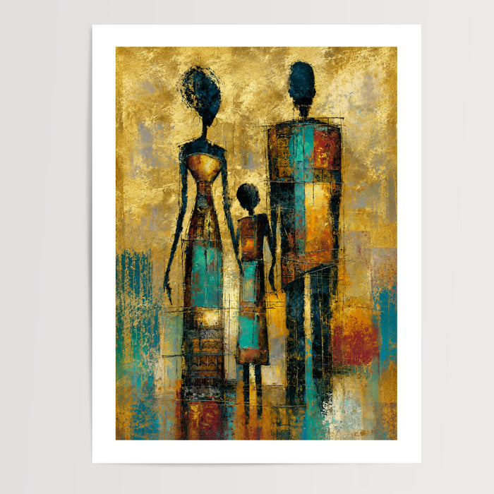 Poster Trois silhouettes - Présence ancestrale aux teintes d'ocre et turquoise — Vierge - poster-presentation-produit — passe-partout blanc