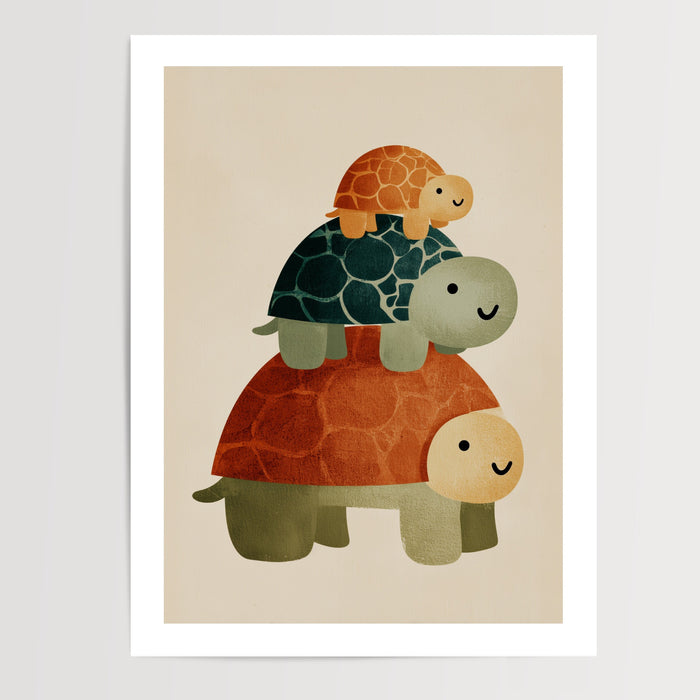 Poster Trois tortues empilées - Douceur apaisante pour chambre de bébé — Vierge - poster-presentation-produit — passe-partout blanc