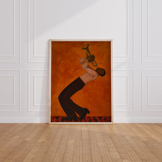 Poster Trompettiste jazz - L'énergie brûlante d'un solo sur fond orange — Vierge - living-room