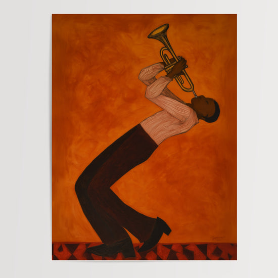 Poster Trompettiste jazz - L'énergie brûlante d'un solo sur fond orange — Vierge - poster-presentation-produit