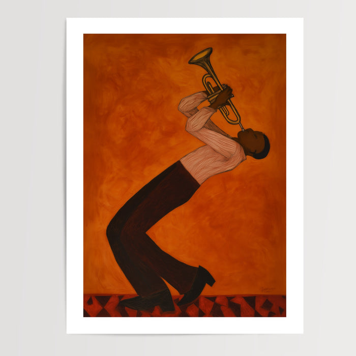 Poster Trompettiste jazz - L'énergie brûlante d'un solo sur fond orange — Vierge - poster-presentation-produit — passe-partout blanc