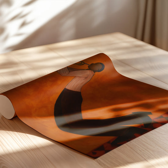 Poster Trompettiste jazz - L'énergie brûlante d'un solo sur fond orange — Vierge - poster-enroullé