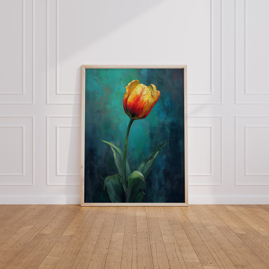 Poster Tulipe - Éclat doré sur fond bleu-vert apaisant — Vierge - living-room