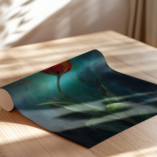 Poster Tulipe - Éclat doré sur fond bleu-vert apaisant — Vierge - poster-enroullé