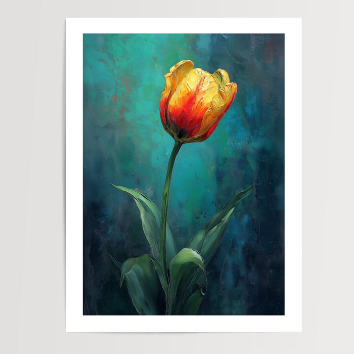 Poster Tulipe - Éclat doré sur fond bleu-vert apaisant — Vierge - poster-presentation-produit — passe-partout blanc