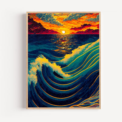 Lámina decorativa de olas marinas en tonos dorados, estilo Hokusai