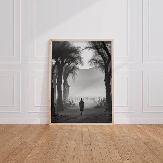 Poster Vallée de l'Omo - Aube africaine en noir et blanc — Vierge - living-room