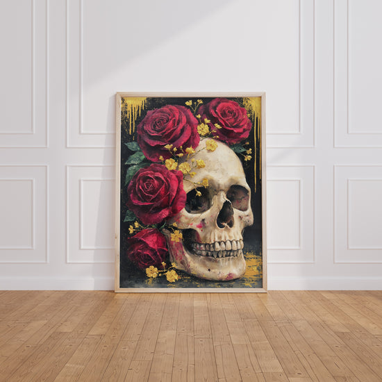 Poster Vanité moderne - Crâne roses écarlates et éclats dorés — Vierge - living-room